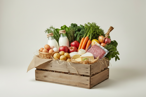 A clean, minimalist product photo on a #F2EEEE background! A rustic wooden crate filled with a mix of fresh organic farm products: eggs, milk, cheese, ground meat, vegetables, fruits, herbs, potatoes, apples, carrots, leafy greens, onions. Everything looks fresh and naturally arranged. High-resolution, soft natural lighting, slight shadows, farm-fresh aesthetic. Natural, trustworthy farm-to-door style.