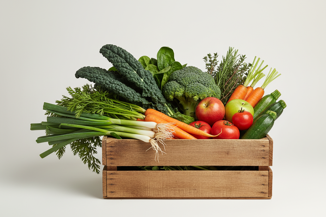 A clean, minimalist product photo on a #F2EEEE background. A rustic wooden crate filled with fresh organic vegetables and fruits: leafy greens, spring onions, carrots, apples, herbs, zucchini, broccoli, and tomatoes. Everything looks fresh, vibrant, and naturally arranged. Soft natural lighting, slight shadows for depth, high-resolution, eco-friendly aesthetic. Warm, inviting, farm-fresh style.
