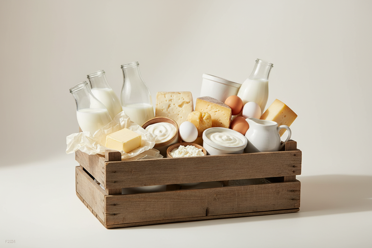 A clean, minimalist product photo use only #F2EEEE background. A rustic wooden crate filled with fresh organic dairy products: grass-fed milk bottles, farm butter, Greek yogurt, cottage cheese, artisan cheese blocks, cream, and eggs. Items arranged naturally with soft natural lighting and gentle shadows. No brands.