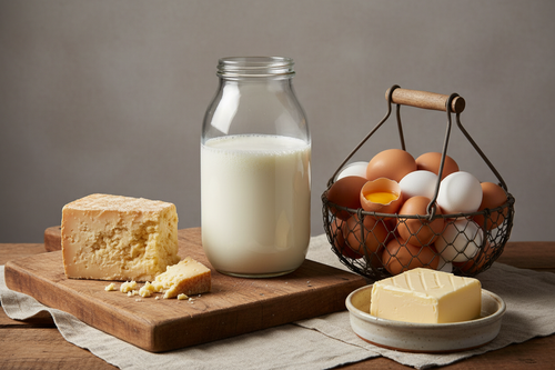 Grey color #F2EEEE background. 1 gallon milk, 24 eggs, 1 lb. butter, 1 lb. cheese. no brands. rustic photo. 