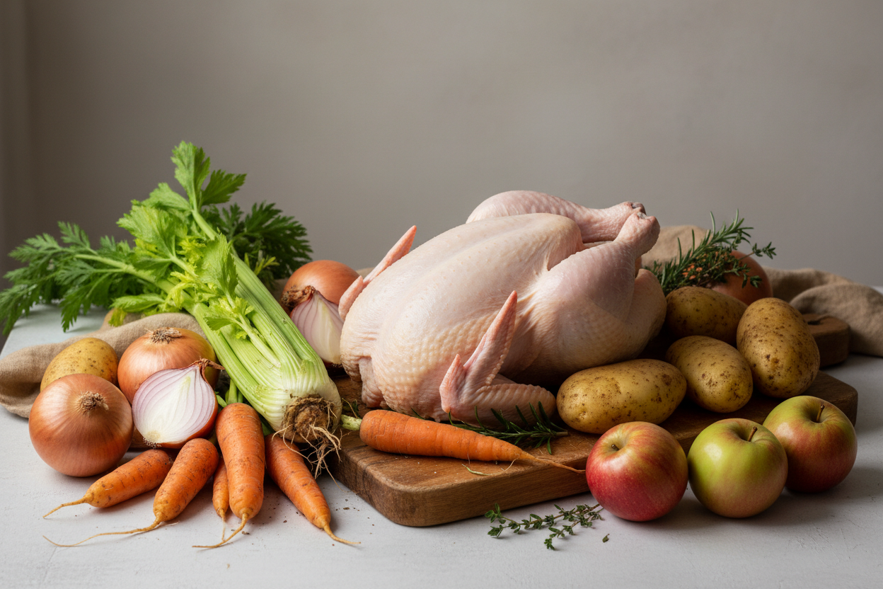 Grey color #F2EEEE background. 1 whole chicken , 1 lb. onion, 1 lb. carrot, 1 lb. potato. 1 bunch of celery. apples. no brands. rustic photo. 