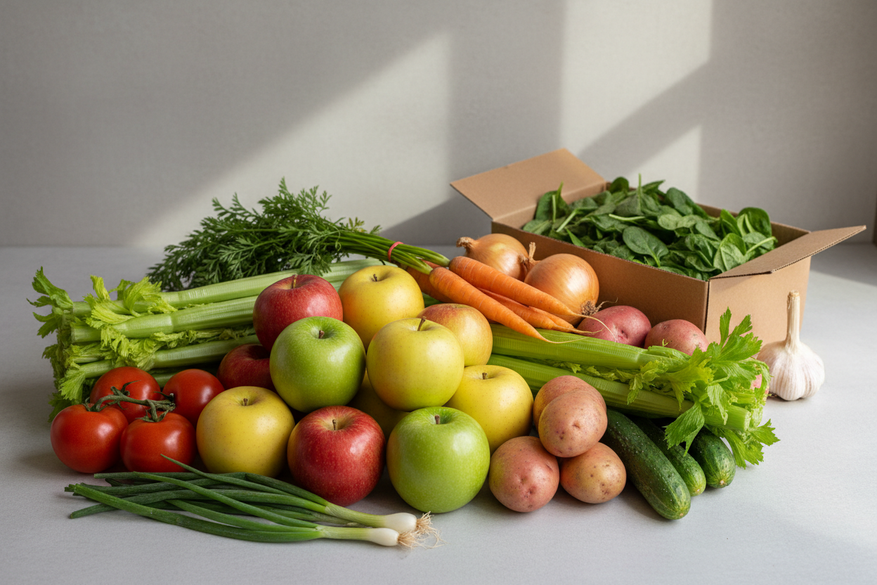 Grey color #F2EEEE background. 3 lb. organic apples — 3 varieties, 1 lb. organic carrots, 1 lb. organic onions, 3 lb. organic potatoes, 1 bunch organic celery, 1 bunch organic green onions, 1 lb. organic cucumbers, 1 lb. organic tomatoes, 1 box organic spinach, 1 organic garlic bulb. no brands. rustic photo.