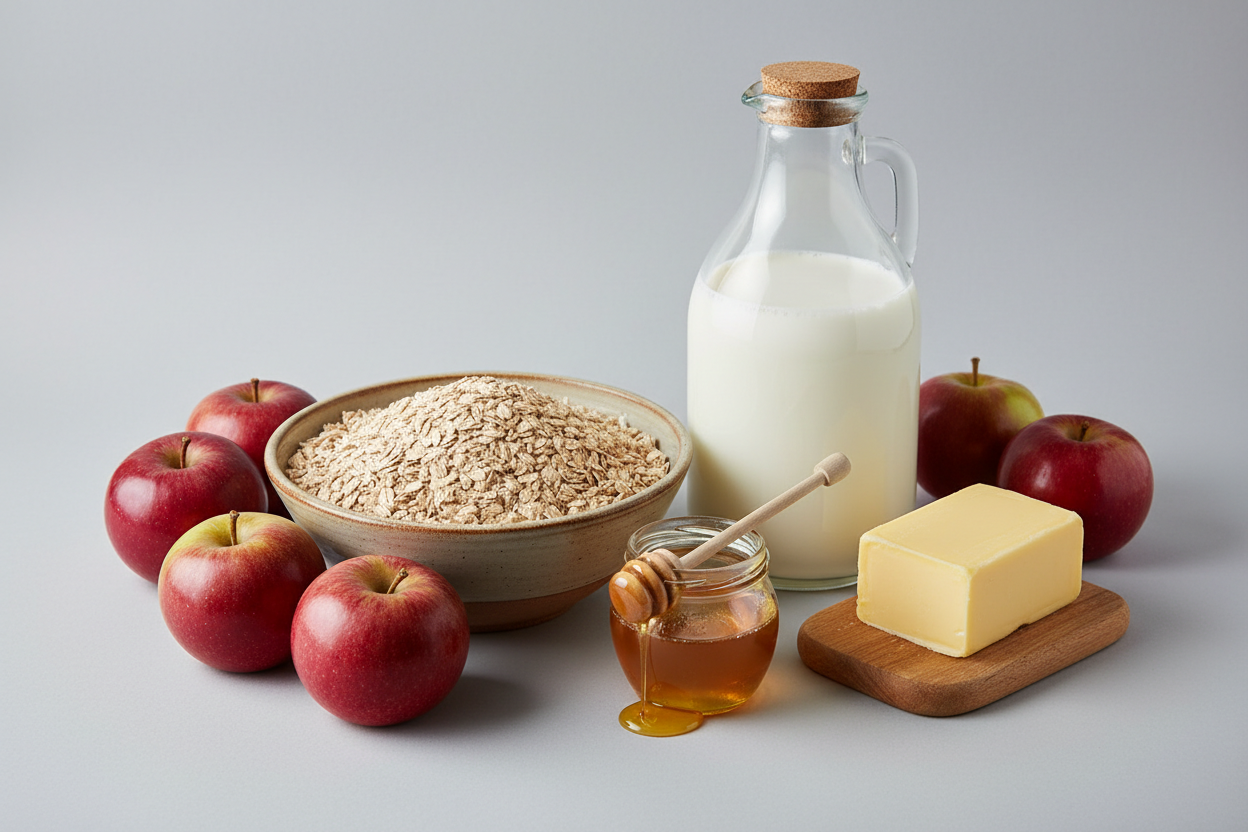 Grey color #F2EEEE background do not mark it. 1,5 lb. organic oatmeal (whole grain or Instant), 1 gallon raw milk (eco, grass-fed), 16 oz. grass-fed butter, 4 oz. organic wildflower honey, 2 lb. organic apples. no brands. no names. rustic photo.