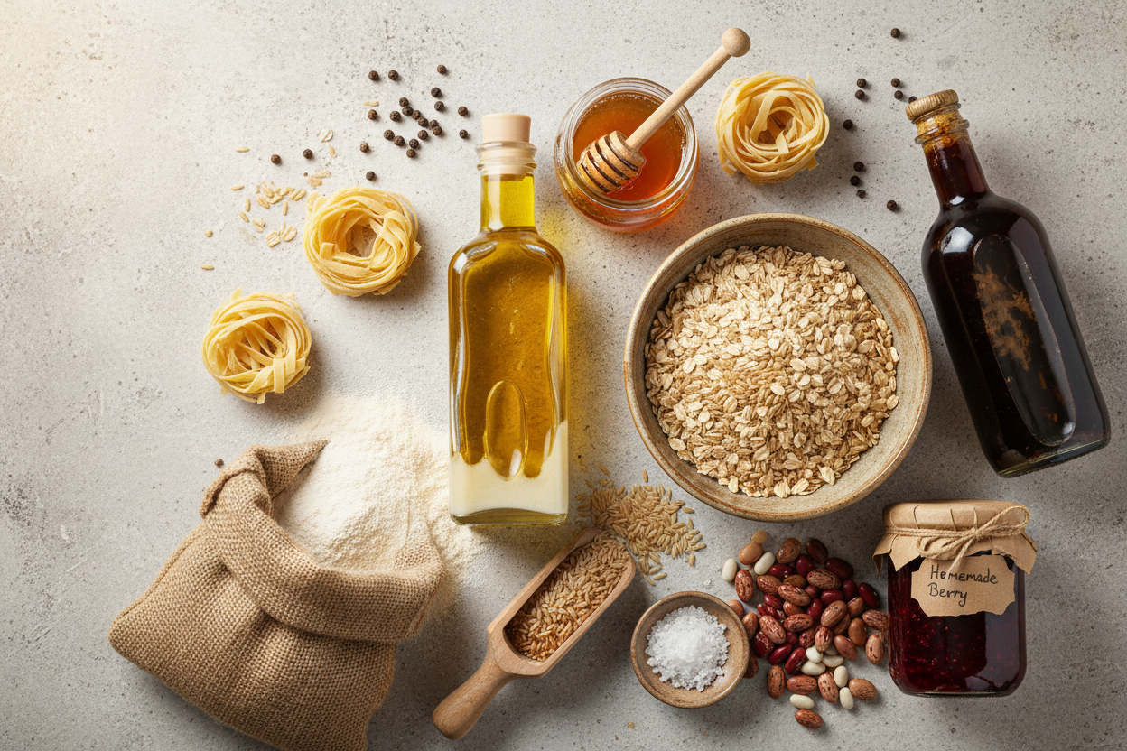 Grey color #F2EEEE background. Extra virgin olive oil (farm-pressed), Raw honey, Stone-ground flour, Organic rolled oats, Dry pasta (farm-made or small-batch), Brown rice, Dry beans (seasonal variety),  Sea salt, Black pepper (whole), Apple cider vinegar (raw), Farm jam or preserves. no brands. rustic photo.