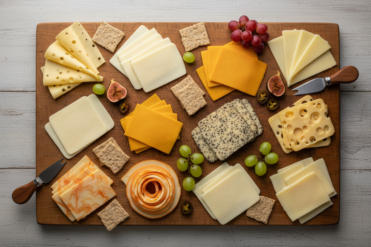 Grey color #F2EEEE background. Tin sliced on wooden desk. 8 oz. Baby Swiss Cheese, 8 oz. White American Cheese, 8 oz. Lancaster Colby Cheese, 8 oz. Black Pepper Cheese, 8 oz. Mustard Cheese, 8 oz. Pepper Jack Cheese, 8 oz. Swiss Cheese, 8 oz. Muenster Cheese, 8 oz. Marble Cheese, 8 oz. Provolone Cheese. no brands. it should looks like cheese plate. rustic photo. 