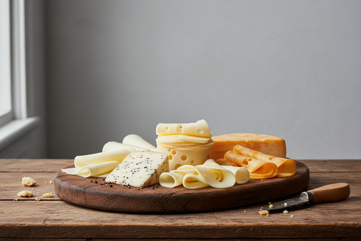 Grey color #F2EEEE background. Tin sliced on wooden desk. 8 oz. Baby Swiss Cheese, 8 oz. White American Cheese, 8 oz. Lancaster Colby Cheese, 8 oz. Black Pepper Cheese, 8 oz. Provolone Cheese. no brands. it should looks like cheese plate. rustic photo. 